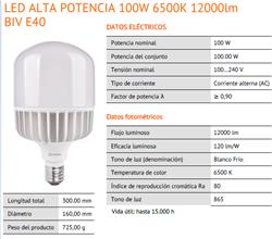 LAMPARA LED ALTA POTENCIA 100W FRIA 12000Lm BIV E40