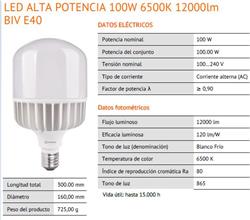 LAMPARA LED ALTA POTENCIA 100W FRIA 12000Lm BIV E4