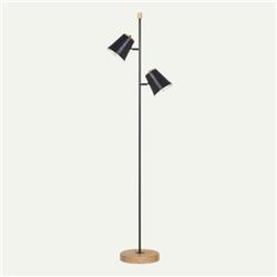 LAMPARA DE PIE KONA 2LUCES E27 MADERA PARAISO CAMPANA METALICA NEGRA 